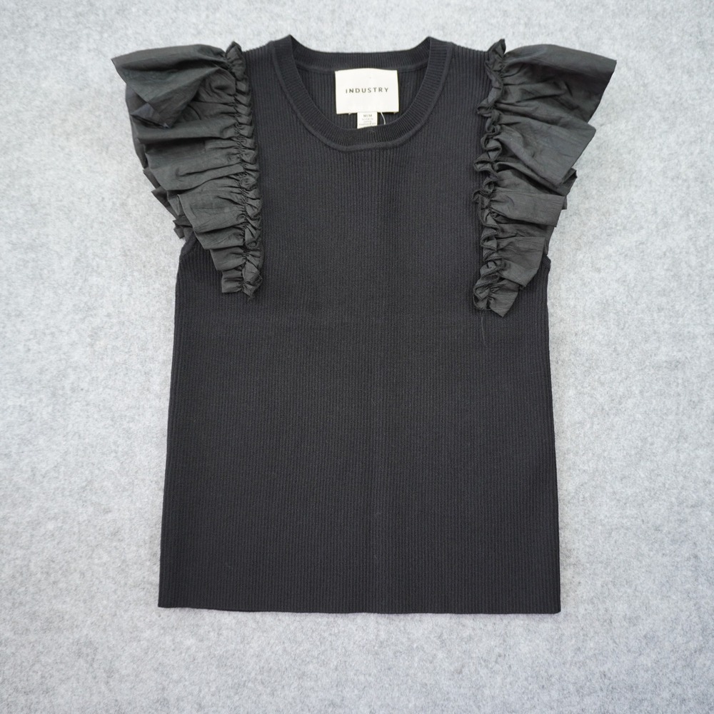 Industry Republic Clothing Black Ribbed Knit Ruffle Cap Sleeve Top Medium NEW